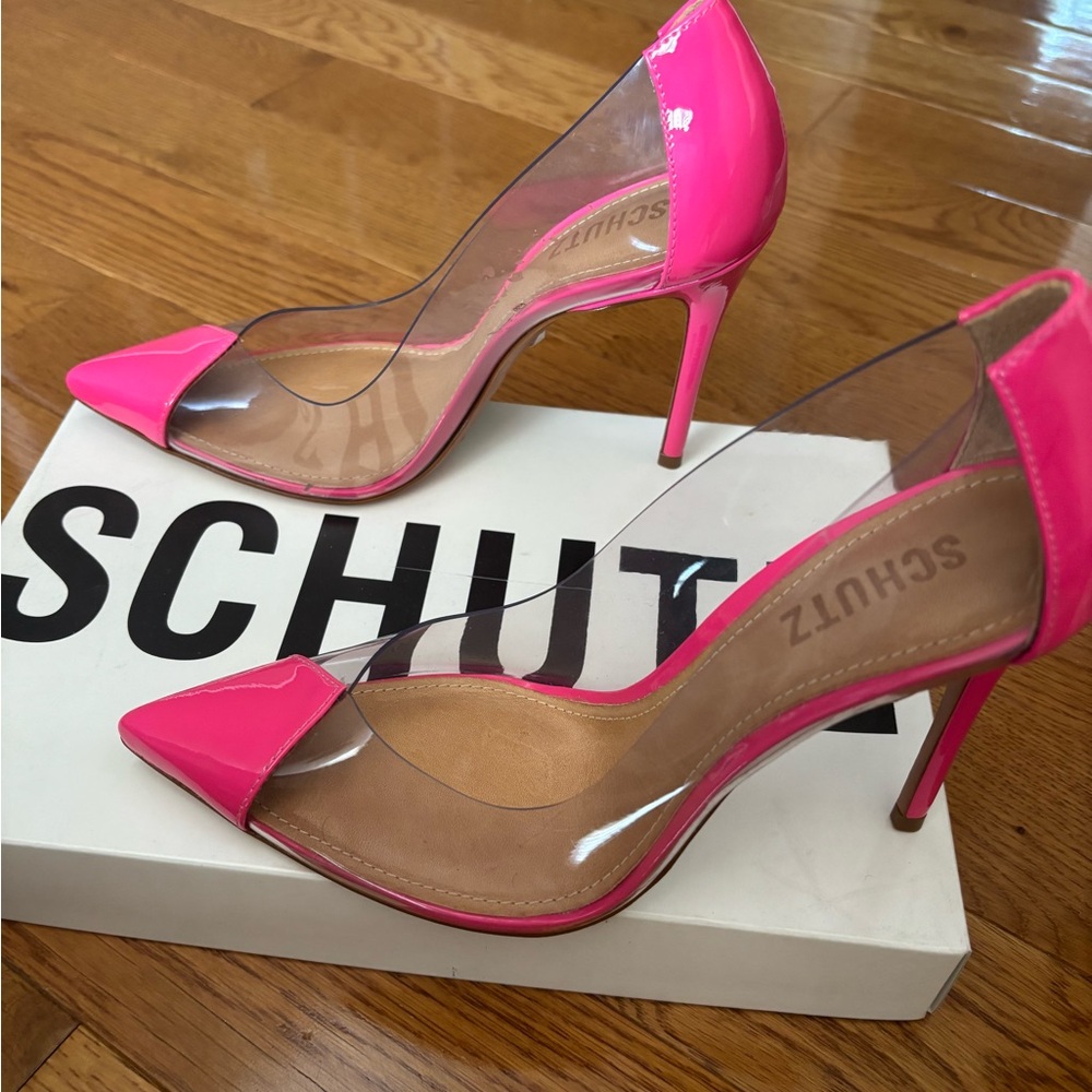 NWT - Brand New SCHUTZ  Hot Pink Patent Pointed-Toe clear side pumps - Picture 2 of 2